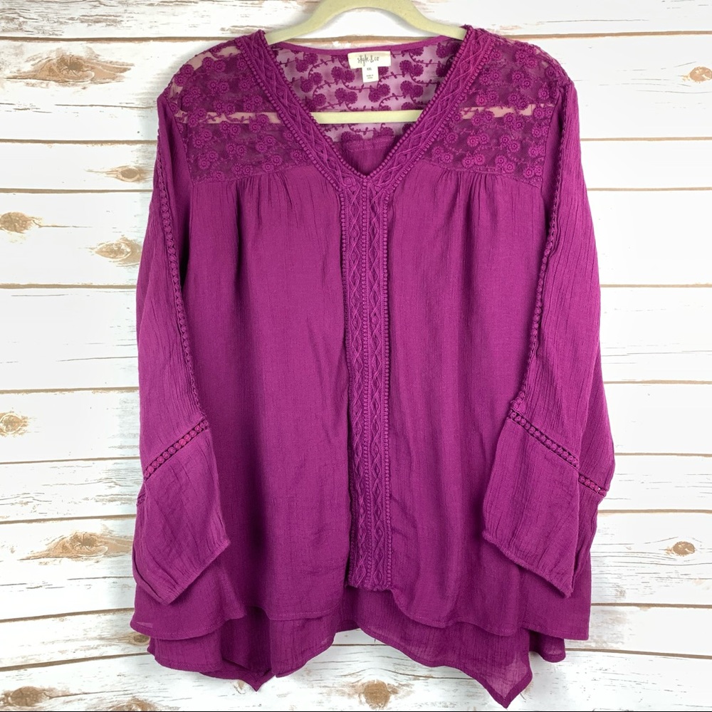 Long sleeve, Purple, boho, lace, shark bite hem, 2 layer, Style & Co top Sz XXL